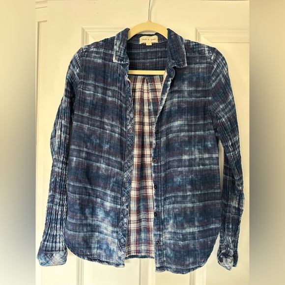 Anthropologie Cloth & Stone Blue Plaid Button down Top Small - Picture 5 of 5